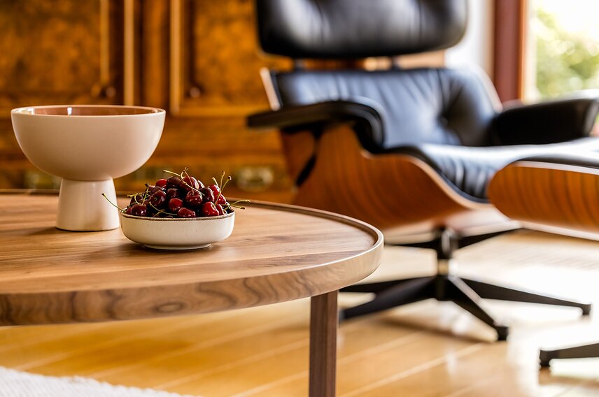 Okrągły stolik kawowy Aura z litego drewna orzecha amerykańskiego z naturalnym usłojeniem blatu